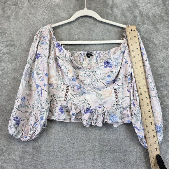 Express Blouse Womens Large Pink Floral Peplum Smocked Sweetheart Linen Blend - Picture 4 of 9